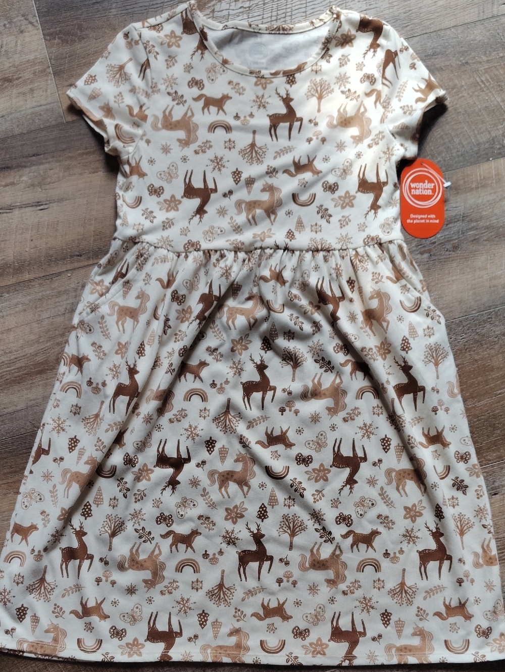 Wonder Nation Girl's Cream Woodland Animal Print Dress  10-12 Years